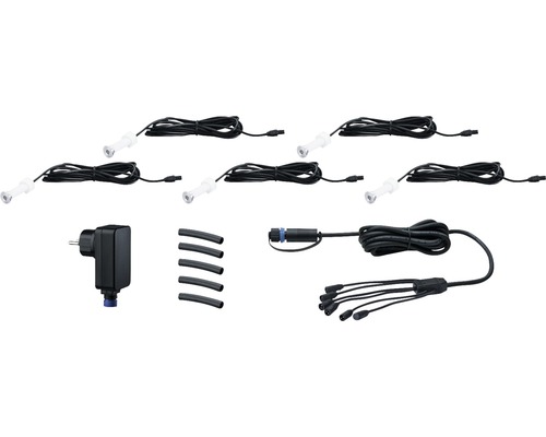 Ensemble de spots de jardin avec six spots, câble d''alimentation, bloc d''alimentation et accessoires d''installation