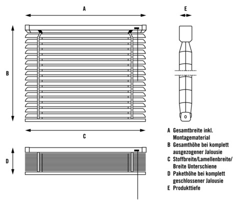 Technische Zeichnung einer Jalousie mit Maßangaben