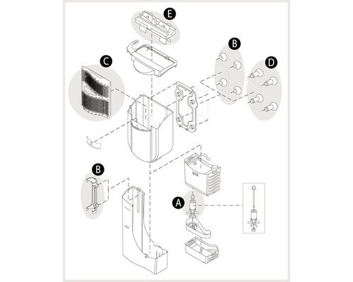 Schéma éclaté d''une station de nettoyage avec différents composants et éléments de fixation.