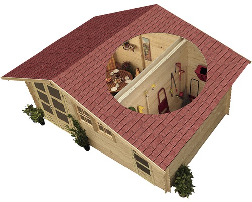 Holzgartenhaus mit rotem Dach und Einblick in zwei Räume