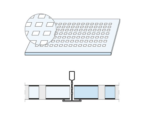 Plaque de plafond avec découpes carrées et vue détaillée ainsi qu''un schéma de montage