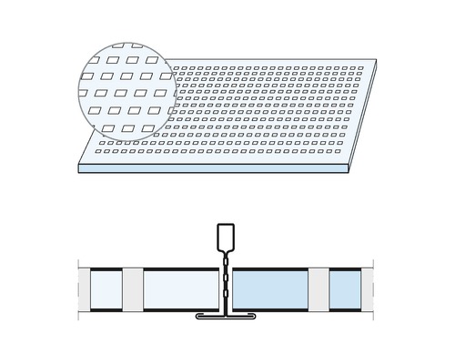 Detailaufnahme einer Akustikdecke mit quadratischen Löchern und Profilsystem für die Deckenmontage.