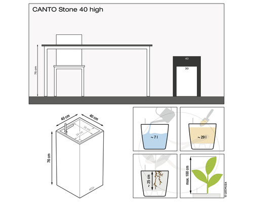 Illustration des dimensions et de la capacité du pot de fleurs CANTO Stone 40
