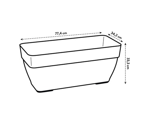 Illustration eines Pflanzkastens mit den Maßen 77,4 cm Länge, 34,2 cm Breite und 33,3 cm Höhe