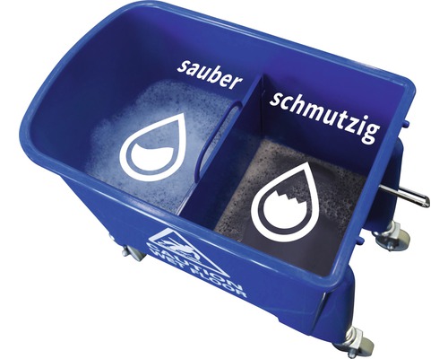 Seau de nettoyage bleu avec deux compartiments pour eau propre et eau sale