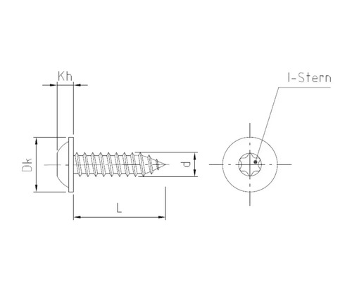 Technische Zeichnung einer Schraube mit I-Stern Antrieb