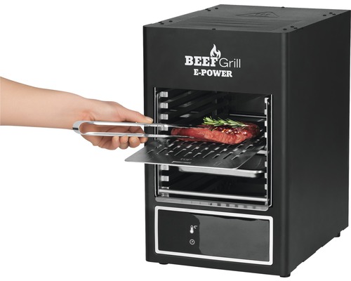 Gril électrique avec steak, pince de barbecue et élément de commande