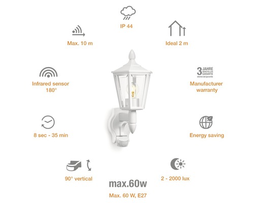 Lampe d''extérieur avec détecteur de mouvement, portée maximale de 10 mètres et indice de protection IP44