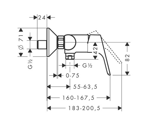 Technische Zeichnung eines Eckventils mit Maßangaben