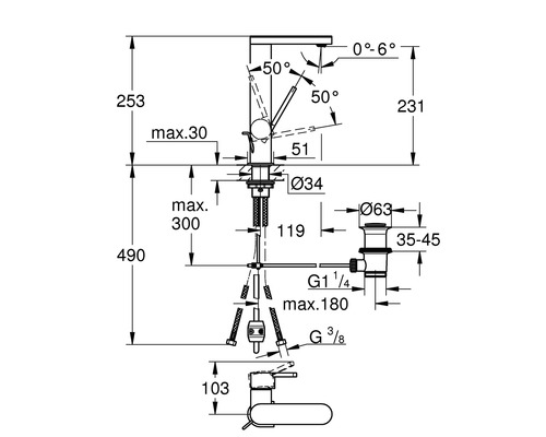 Technische Zeichnung eines Wasserhahns mit Maßangaben