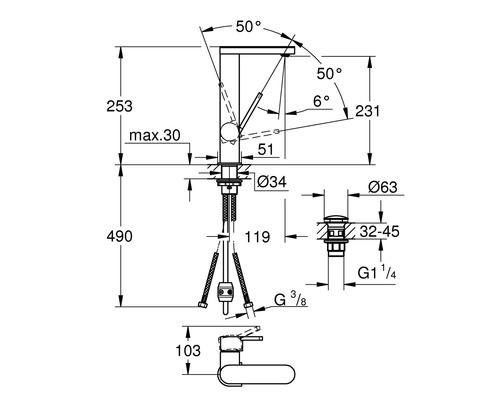 Schéma technique d''un robinet avec indications de dimensions.
