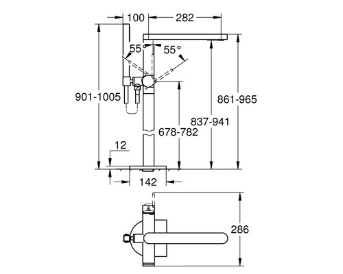 Dessin technique d''un robinet de douche avec indications de dimensions