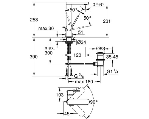 Schéma technique d''un robinet avec dimensions