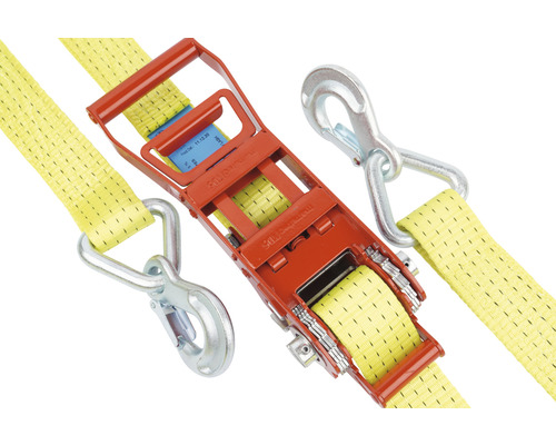 Sangle d''arrimage jaune avec cliquet et crochets pour sécuriser le chargement