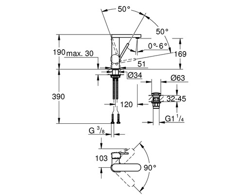 Schéma coté d''un robinet avec les dimensions détaillées du produit.