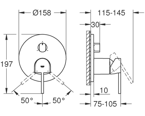 Technische Zeichnung einer Unterputz Armatur mit Maßangaben