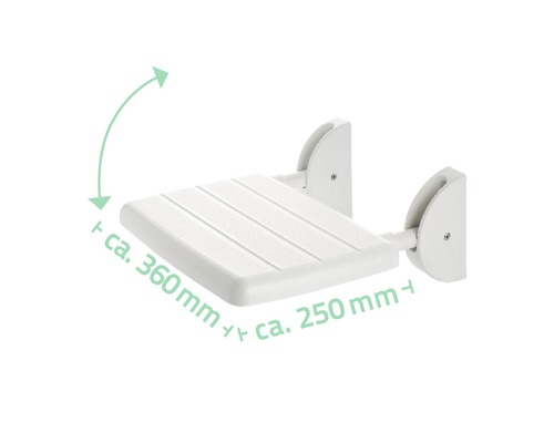 Siège de douche rabattable d''environ 360 mm de largeur et 250 mm de profondeur