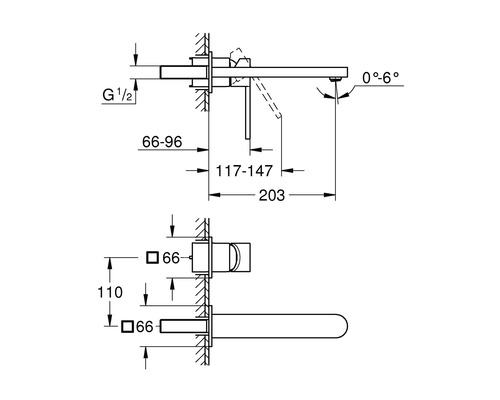 Maßzeichnung einer Waschtischarmatur mit verschiedenen Größenangaben