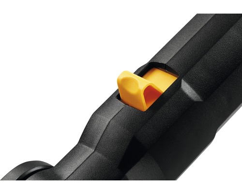 Vue détaillée d''une rallonge d''outil de jardin noire avec levier de réglage jaune