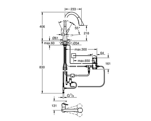 Schéma technique d''un robinet de cuisine avec les dimensions