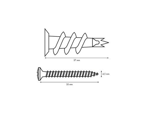 Illustration d''une cheville pour plaques de plâtre avec vis, dimensions 37 mm et 35 mm