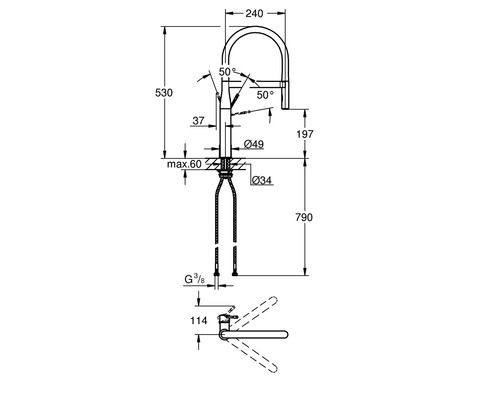 Technische Zeichnung einer Küchenarmatur mit Maßangaben