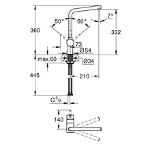Schéma technique d''un robinet avec indications de dimensions