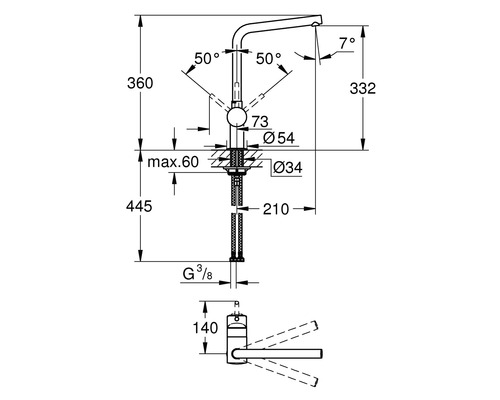 Technische Zeichnung einer Armatur mit Maßangaben