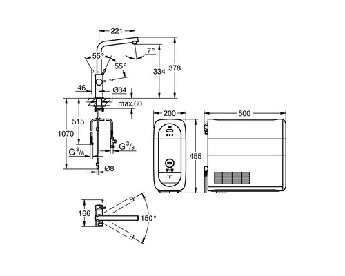 Technische Zeichnung einer Küchenarmatur mit Abmessungen