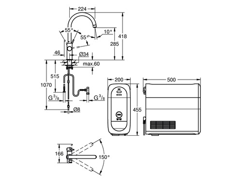 Technische Zeichnung eines Wasserhahns mit Boiler und Maßangaben