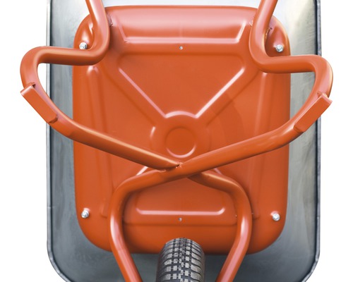 Unteransicht einer Schubkarre mit Metallwanne und Rad