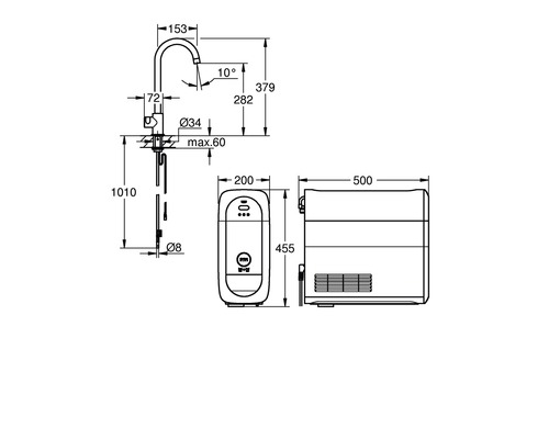 Masszeichnung eines Wasserhahns mit Filter und Kühler
