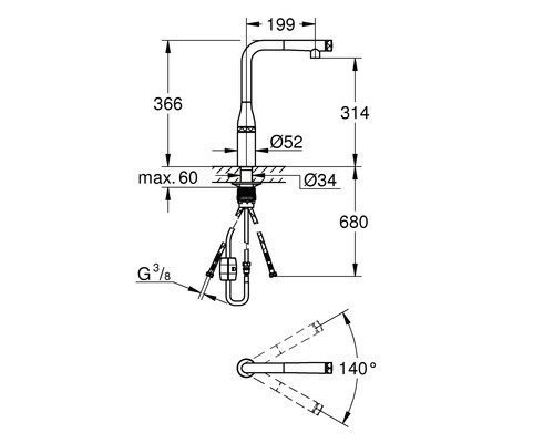 Schéma coté d''un robinet de cuisine avec les dimensions 199, 366, 314, 680 millimètres et les diamètres 52 et 34 millimètres