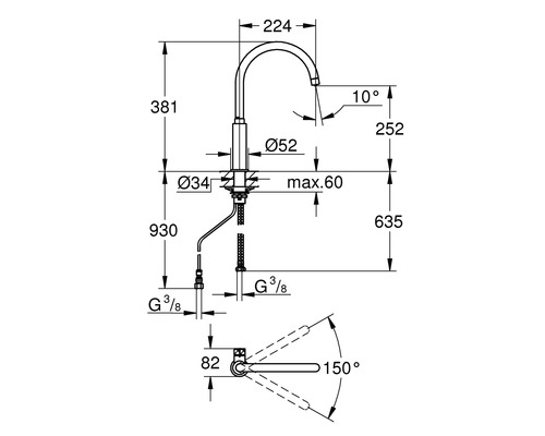 Schéma technique d''un robinet avec indication des dimensions.