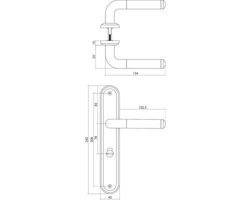 Schéma technique d''une poignée de porte avec dimensions