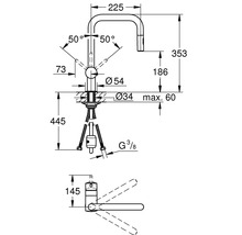 Schéma technique d''un robinet de cuisine avec indications de dimensions