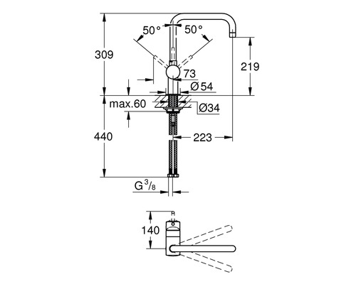 Schéma technique d''un robinet avec dimensions.