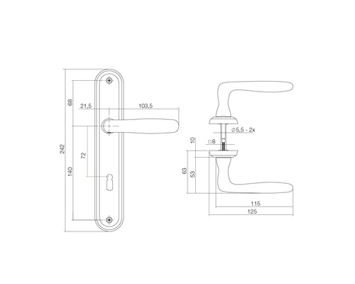 Technische Zeichnung eines Türdrückers mit Maßangaben