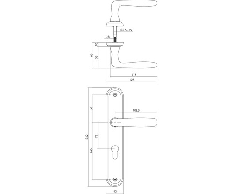 Schéma technique d''un ensemble de poignées de porte avec plaque longue et dimensions