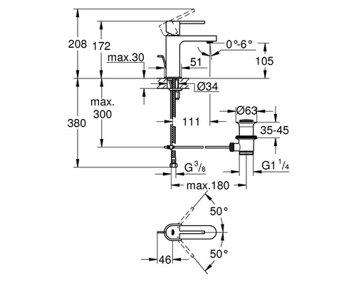 Schéma technique d''un robinet avec indication des dimensions