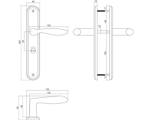 Technische Zeichnung einer Türgarnitur mit Maßen