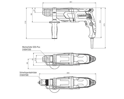 Dessin technique d''une perceuse Metabo avec dimensions