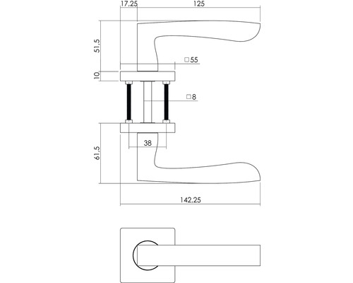 Technische Zeichnung eines Türdrückers mit Maßangaben