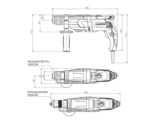 Schéma technique d''une perceuse Metabo avec dimensions