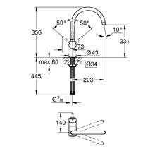 Schéma technique d''un robinet de cuisine avec dimensions