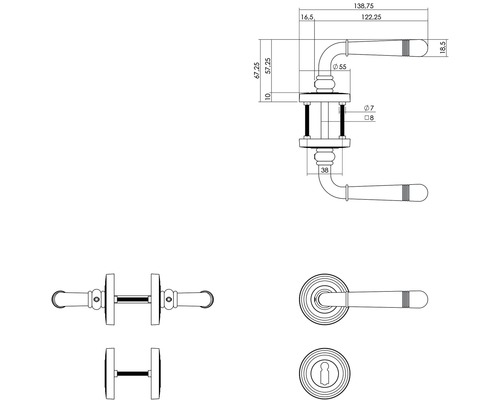Dessin technique d''une poignée de porte avec des mesures.