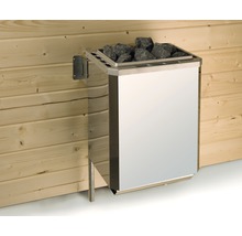 Saunaofen mit Saunasteinen an einer Holzwand