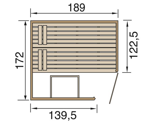 Dessin technique d''un sauna avec les dimensions 189 x 172 x 122,5 x 139,5 centimètres.