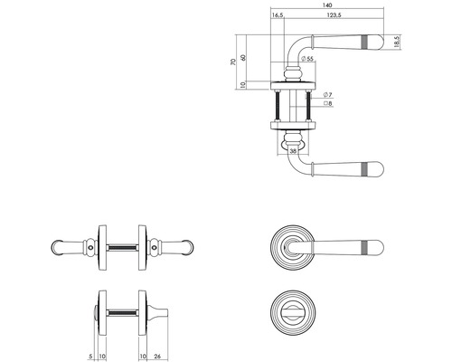 Dessin technique d''une poignée de porte avec indications de dimensions