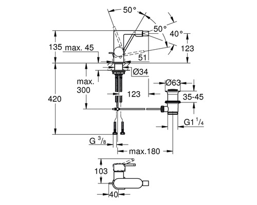 Plan coté d''un robinet avec toutes les dimensions